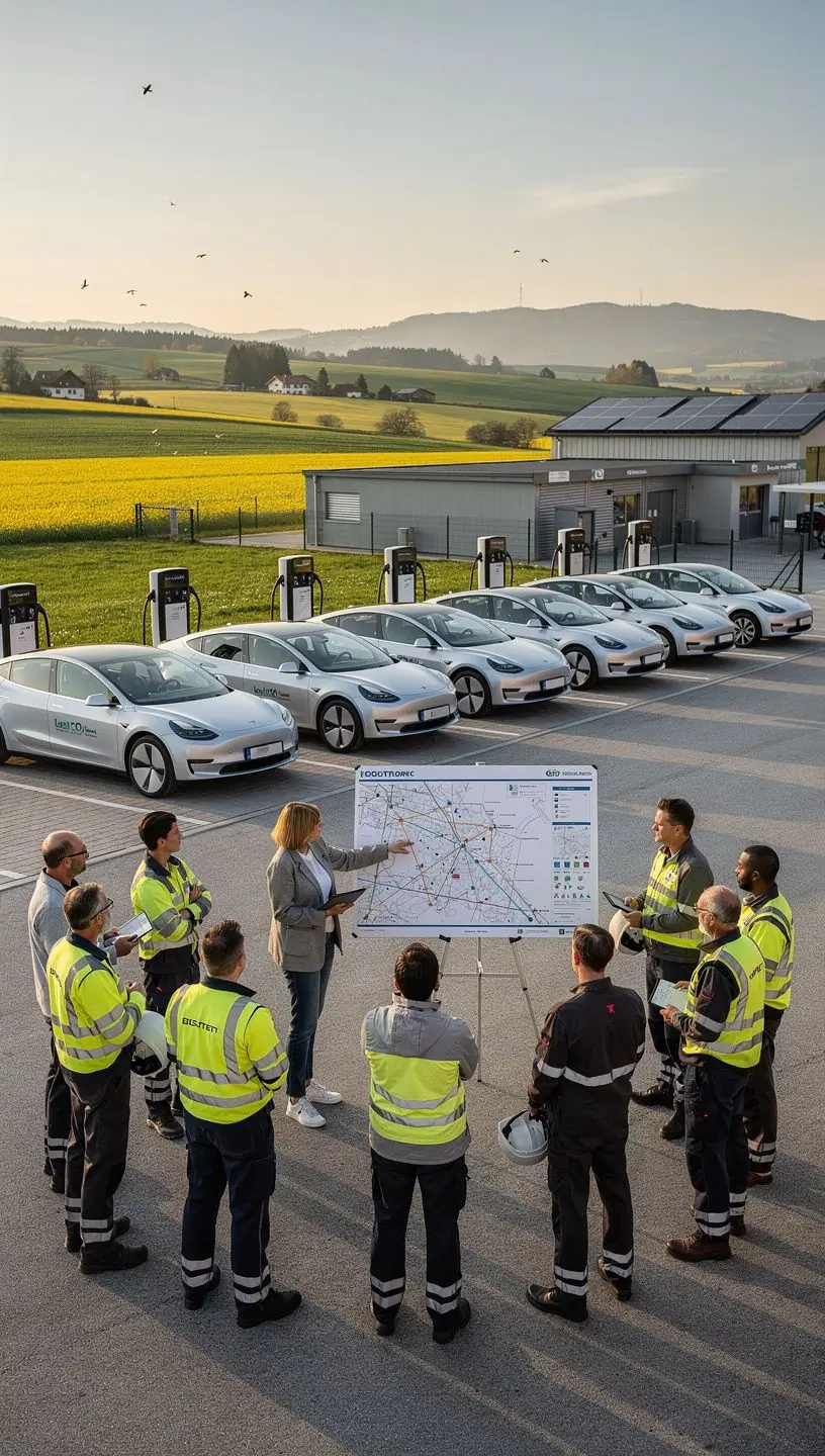 Ein modernes Ladeinfrastruktur-System für eine Flotte von Nutzfahrzeugen.